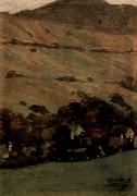 Egon Schiele Hauser vor Berghang oil